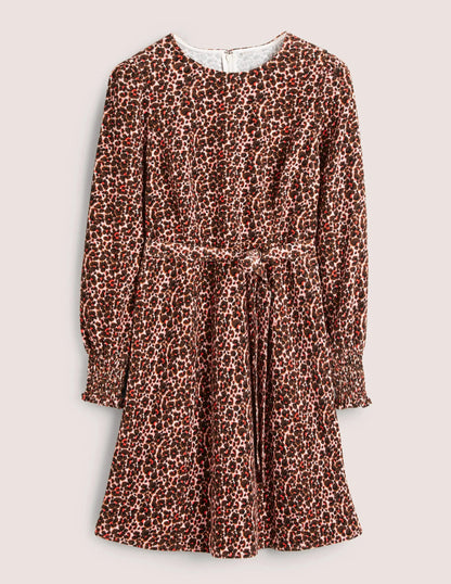 Smocked Cuff Corduroy Dress-Milkshake, Abstract Bud