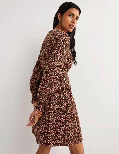 Smocked Cuff Corduroy Dress-Milkshake, Abstract Bud