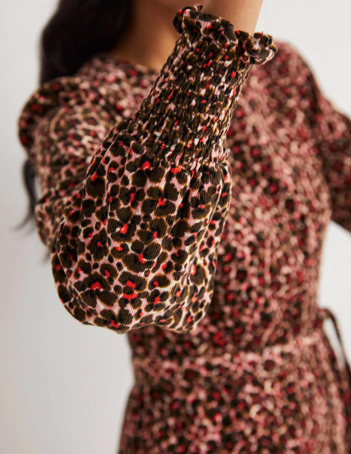 Smocked Cuff Corduroy Dress-Milkshake, Abstract Bud