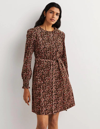 Smocked Cuff Corduroy Dress-Milkshake, Abstract Bud