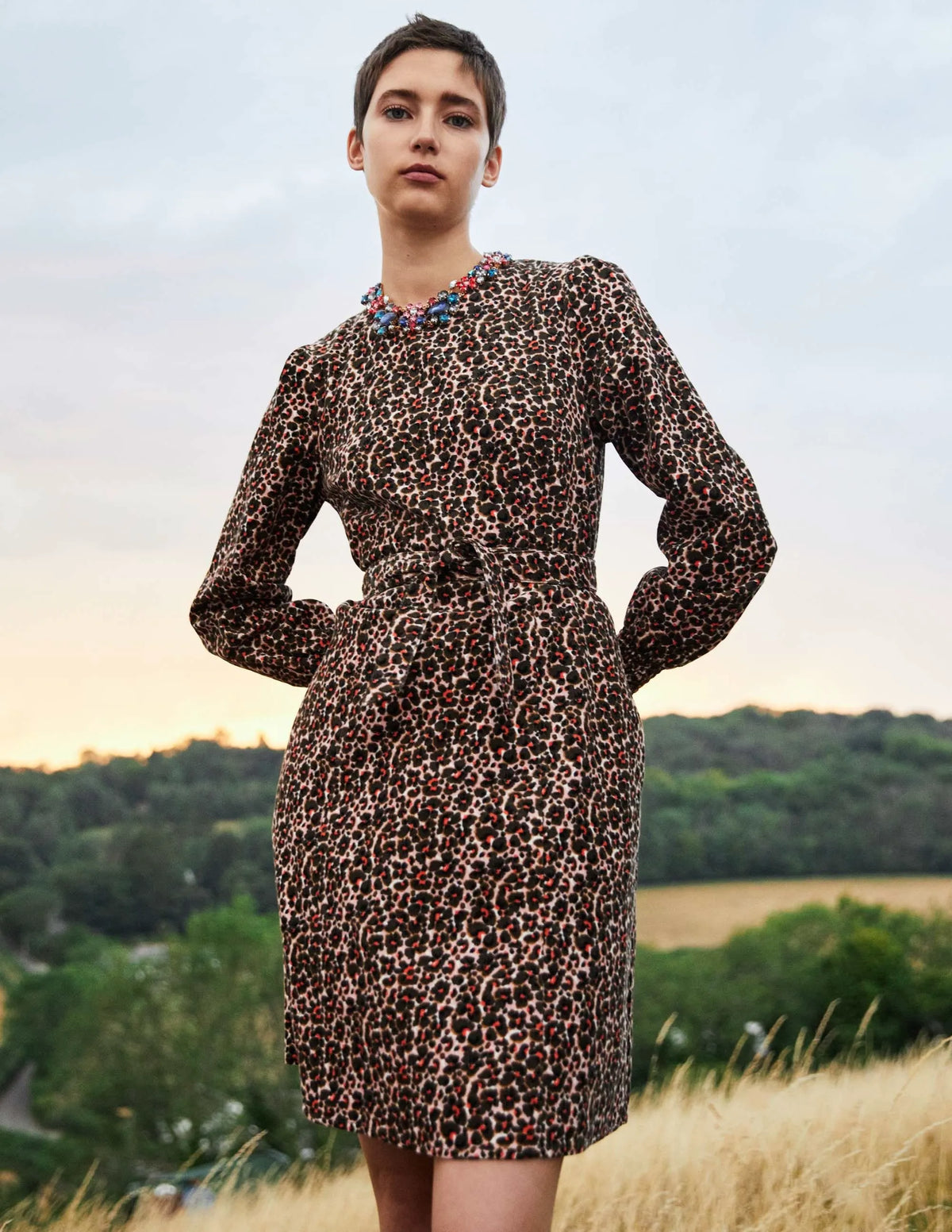Smocked Cuff Corduroy Dress-Milkshake, Abstract Bud