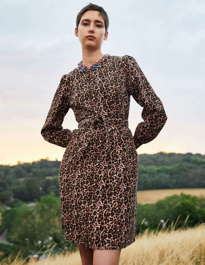 Smocked Cuff Corduroy Dress-Milkshake, Abstract Bud