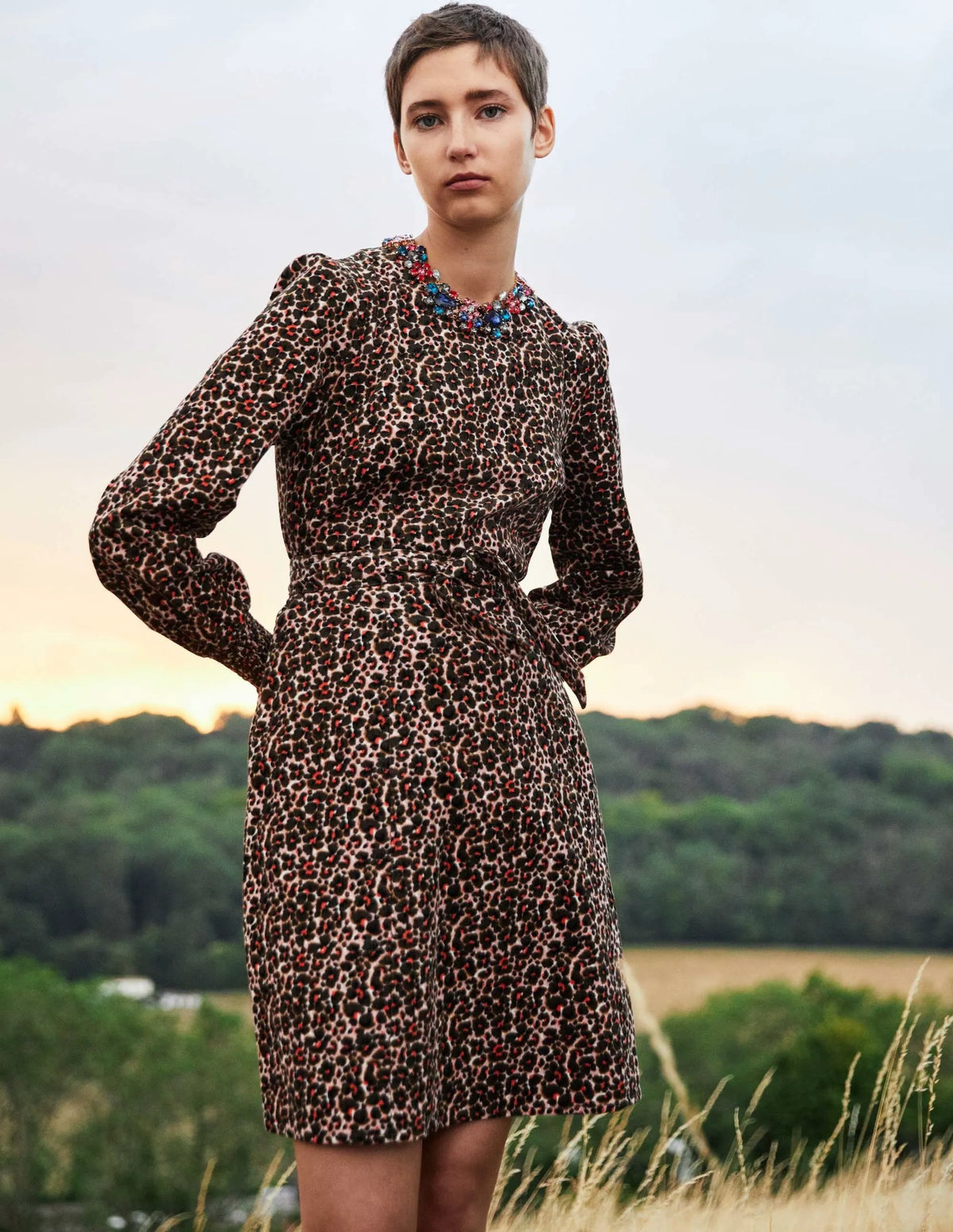 Smocked Cuff Corduroy Dress-Milkshake, Abstract Bud