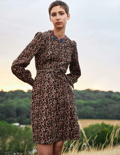Smocked Cuff Corduroy Dress-Milkshake, Abstract Bud