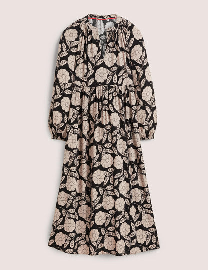 Printed Notch Neck Maxi Dress-Black, Botanica