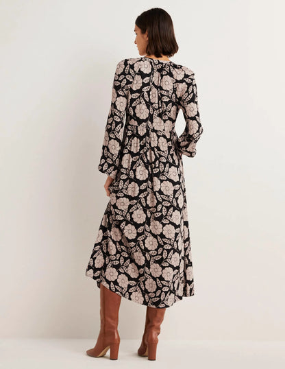 Printed Notch Neck Maxi Dress-Black, Botanica