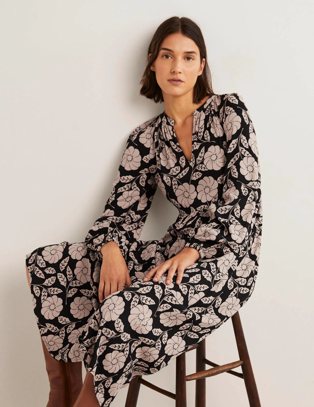Printed Notch Neck Maxi Dress-Black, Botanica