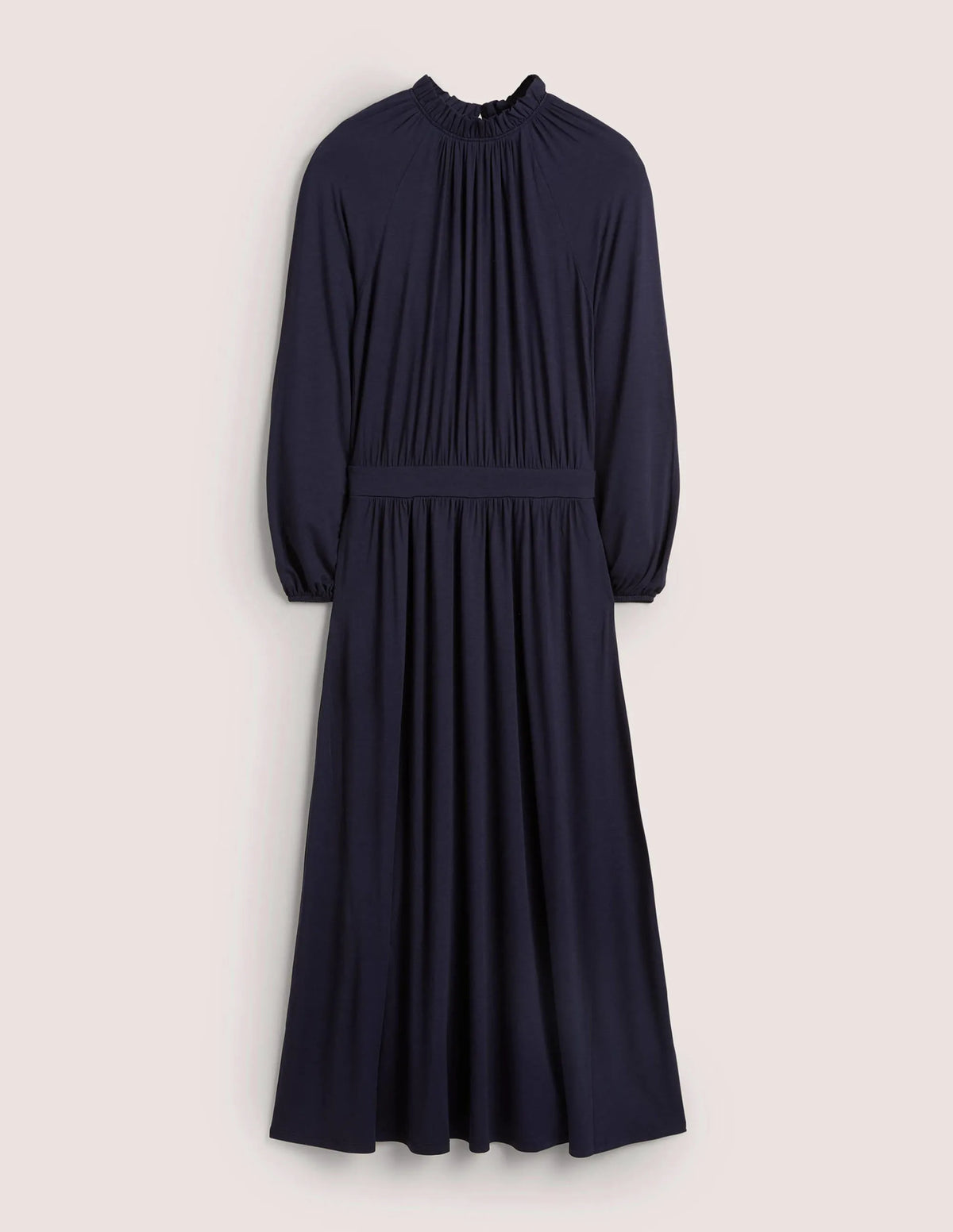 Ruffle Neck Jersey Midi Dress-Navy