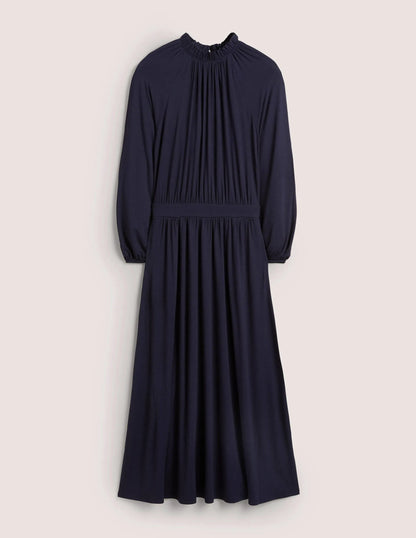 Ruffle Neck Jersey Midi Dress-Navy
