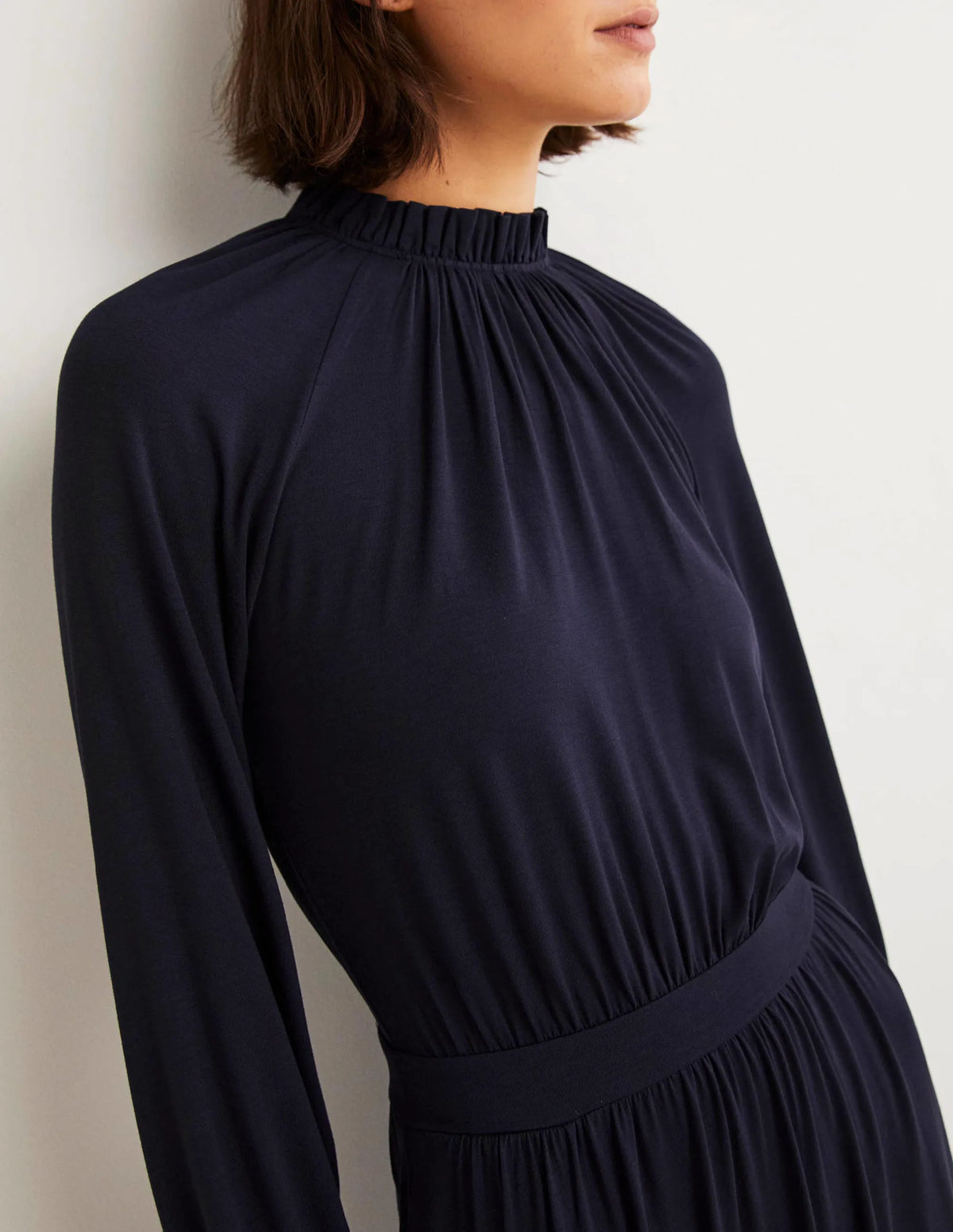 Ruffle Neck Jersey Midi Dress-Navy
