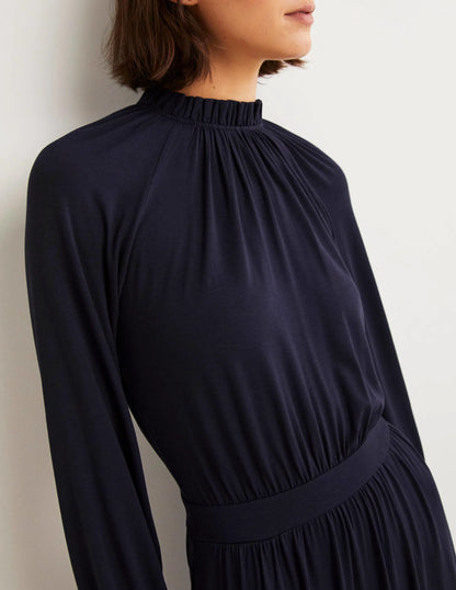 Ruffle Neck Jersey Midi Dress-Navy