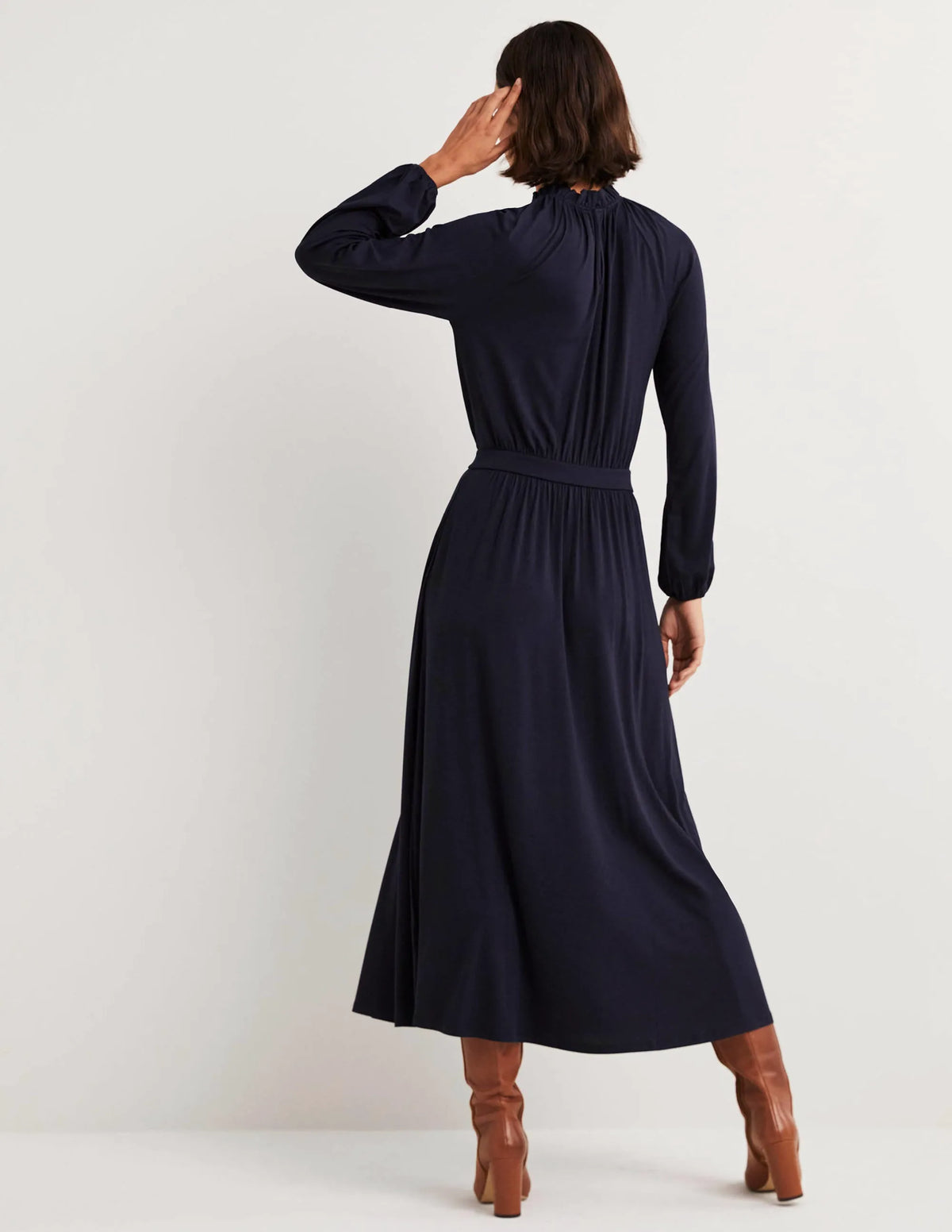 Ruffle Neck Jersey Midi Dress-Navy