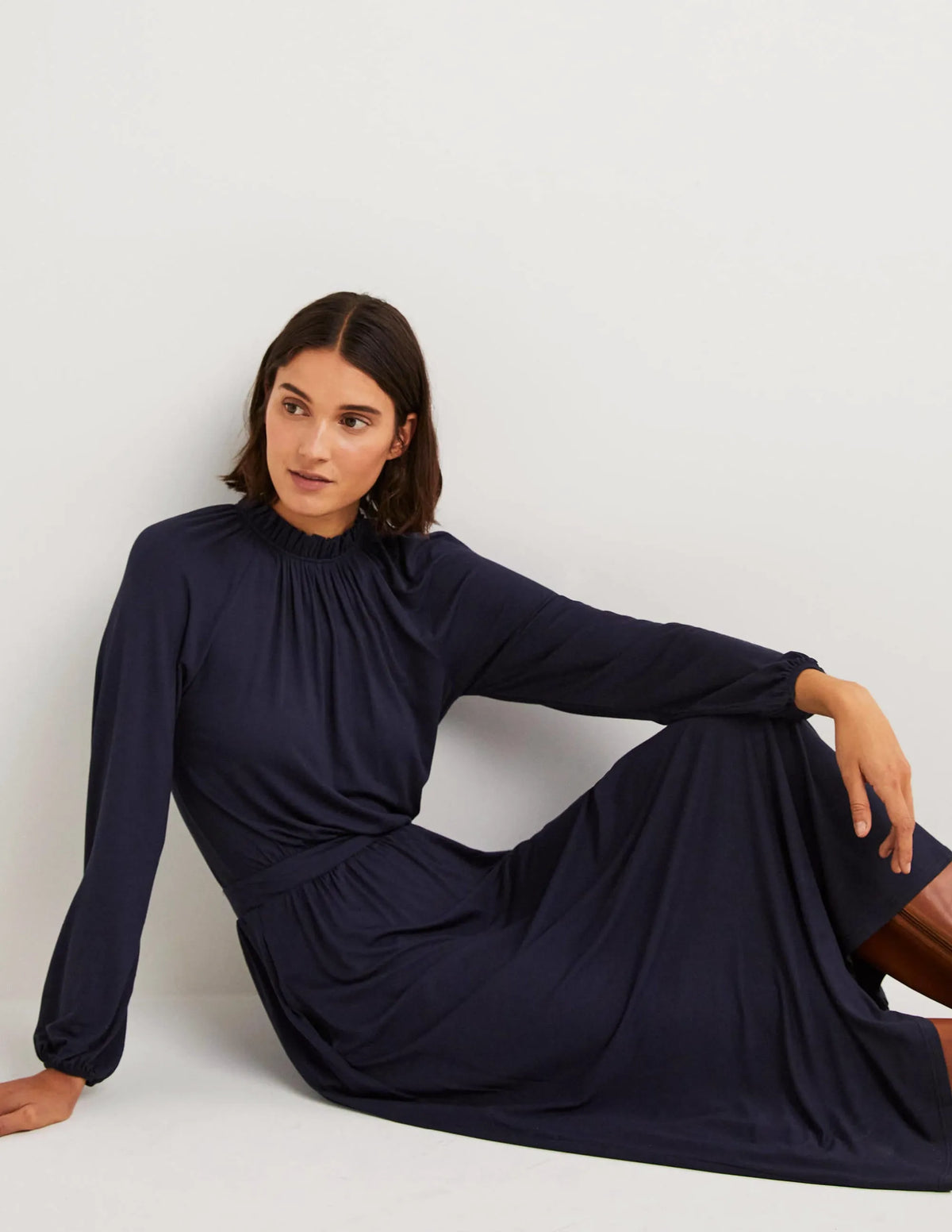 Ruffle Neck Jersey Midi Dress-Navy