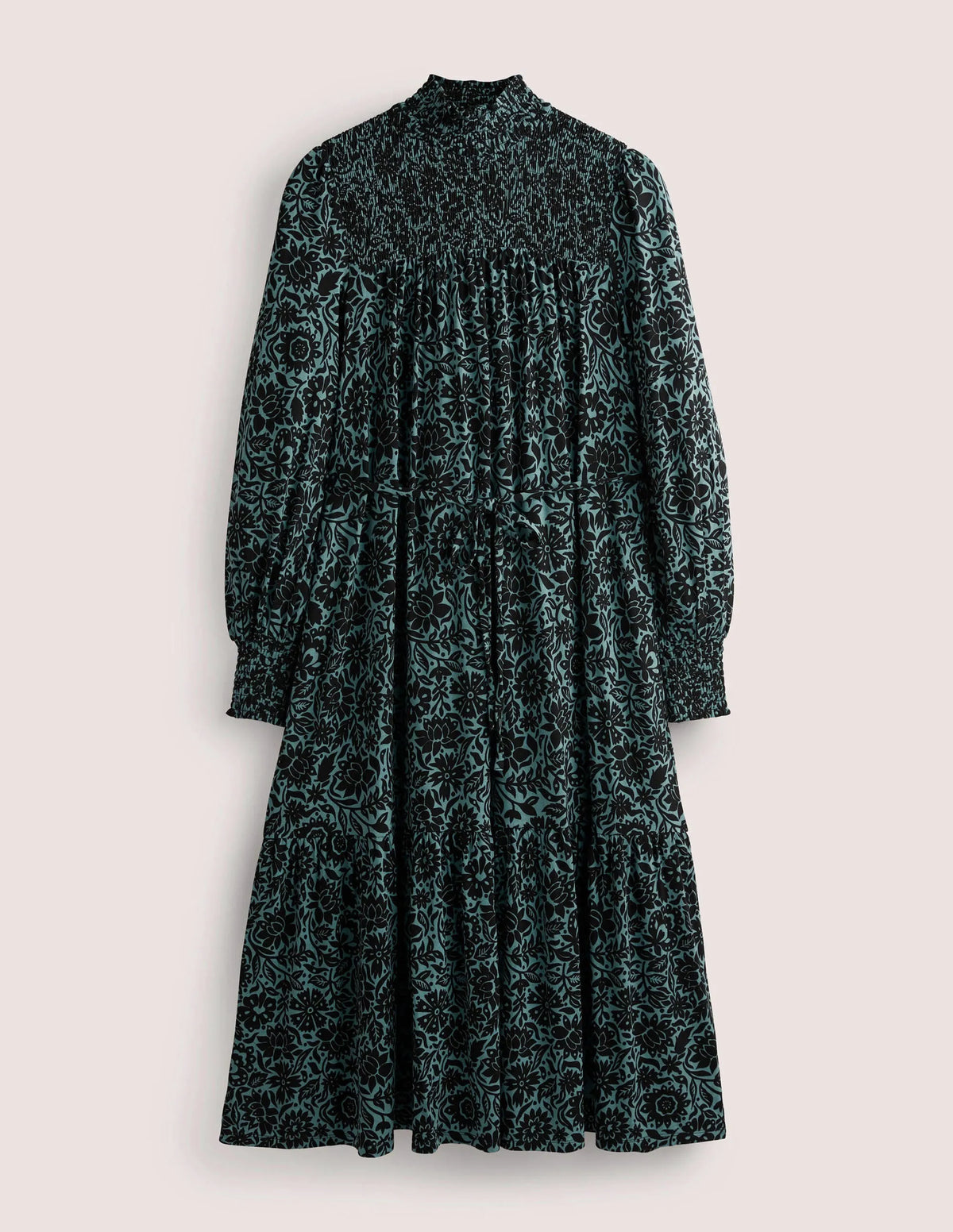 High Neck Jersey Maxi Dress-Mid Blue, Foliage Bloom