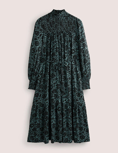 High Neck Jersey Maxi Dress-Mid Blue, Foliage Bloom