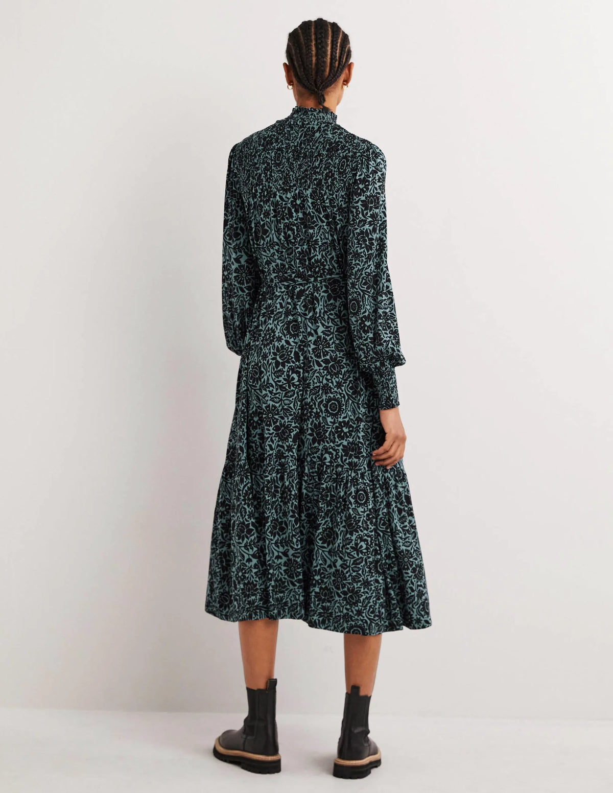 High Neck Jersey Maxi Dress-Mid Blue, Foliage Bloom