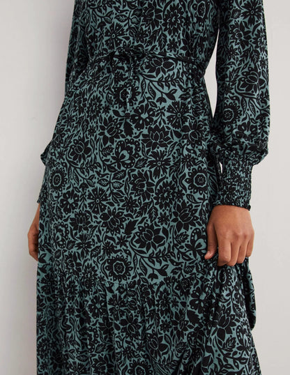 High Neck Jersey Maxi Dress-Mid Blue, Foliage Bloom
