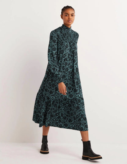 High Neck Jersey Maxi Dress-Mid Blue, Foliage Bloom
