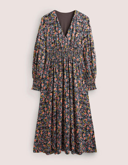 Smocked Jersey Midi Dress-Graphite, Opulent Leaf