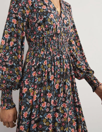 Smocked Jersey Midi Dress-Graphite, Opulent Leaf