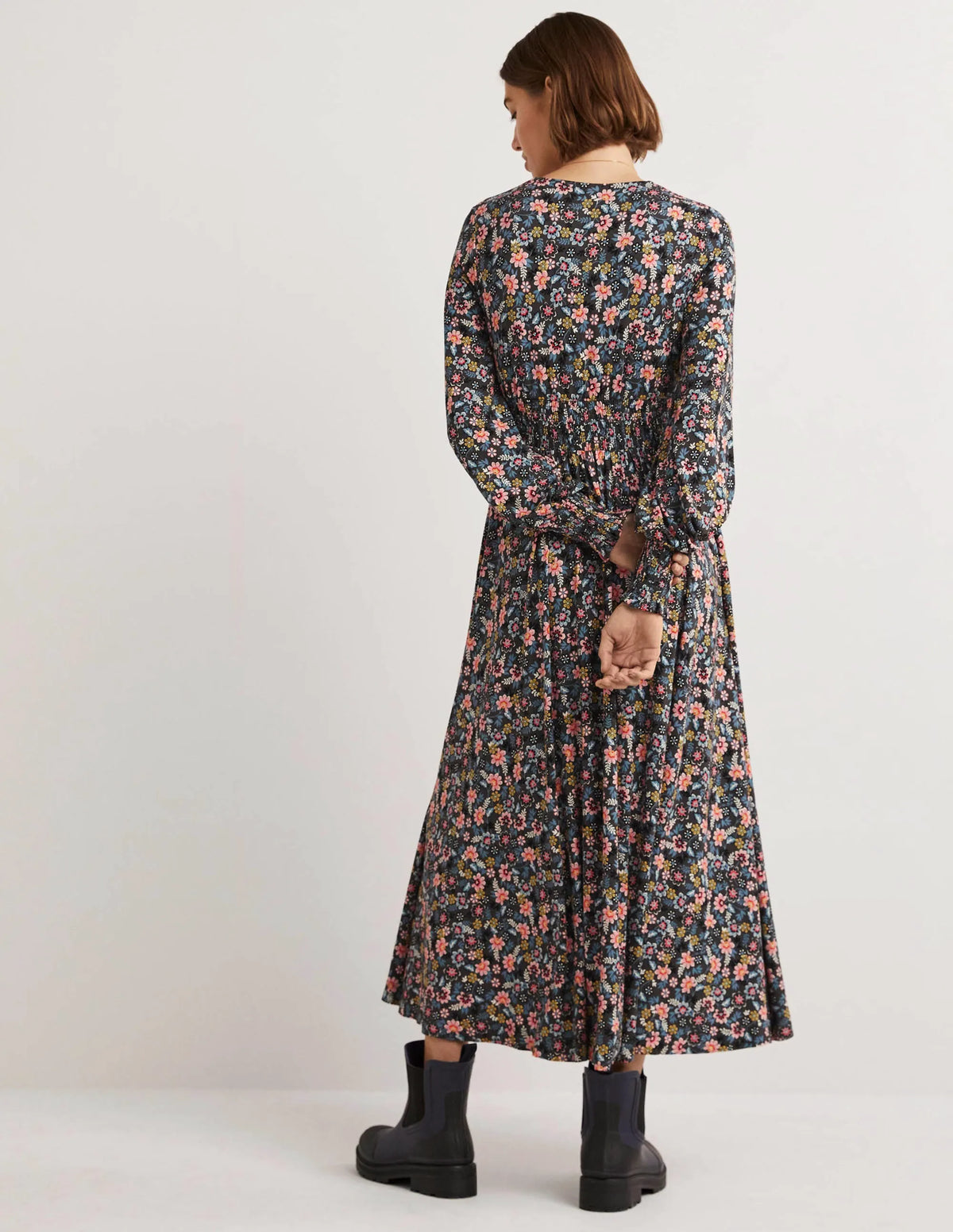 Smocked Jersey Midi Dress-Graphite, Opulent Leaf