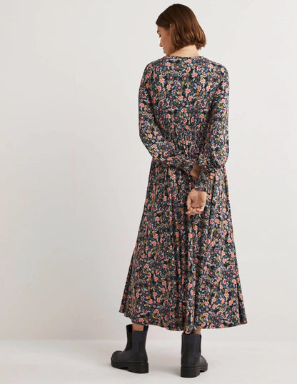 Smocked Jersey Midi Dress-Graphite, Opulent Leaf