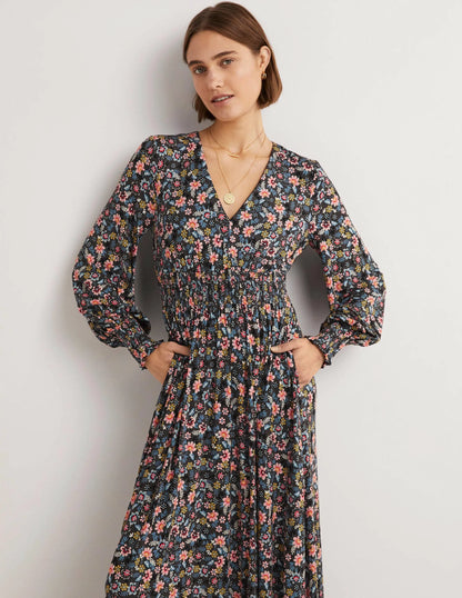 Smocked Jersey Midi Dress-Graphite, Opulent Leaf