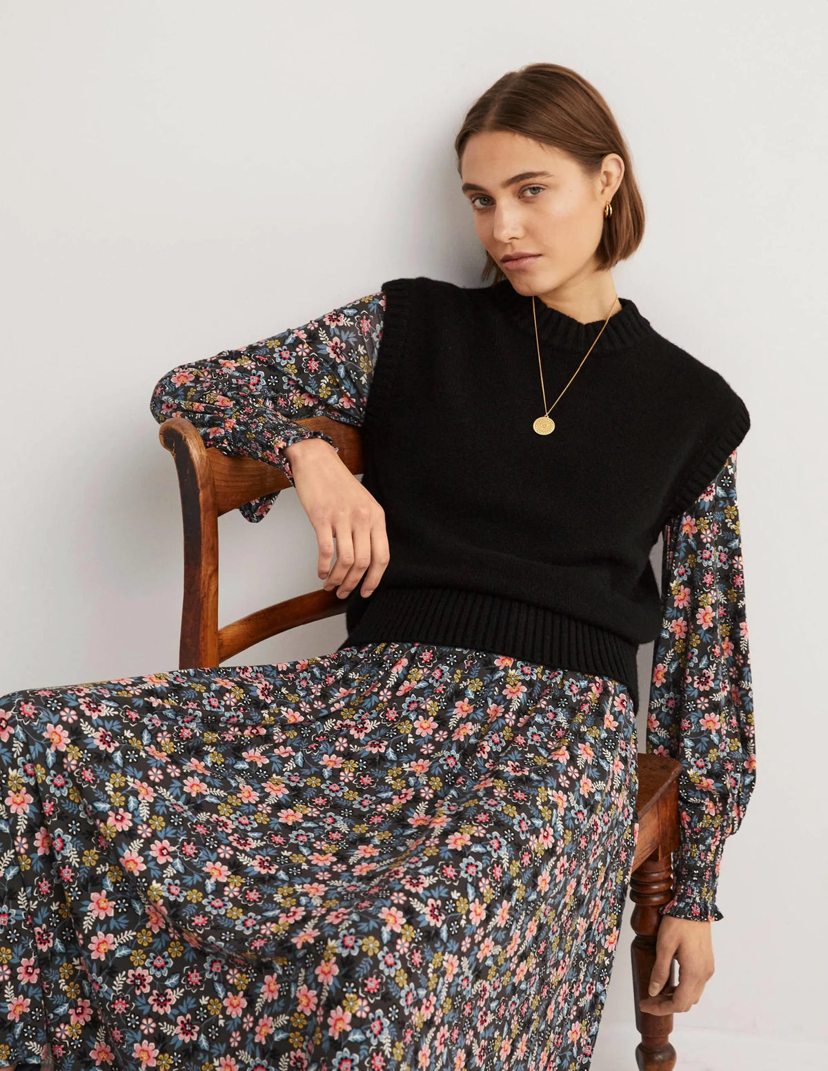 Smocked Jersey Midi Dress-Graphite, Opulent Leaf