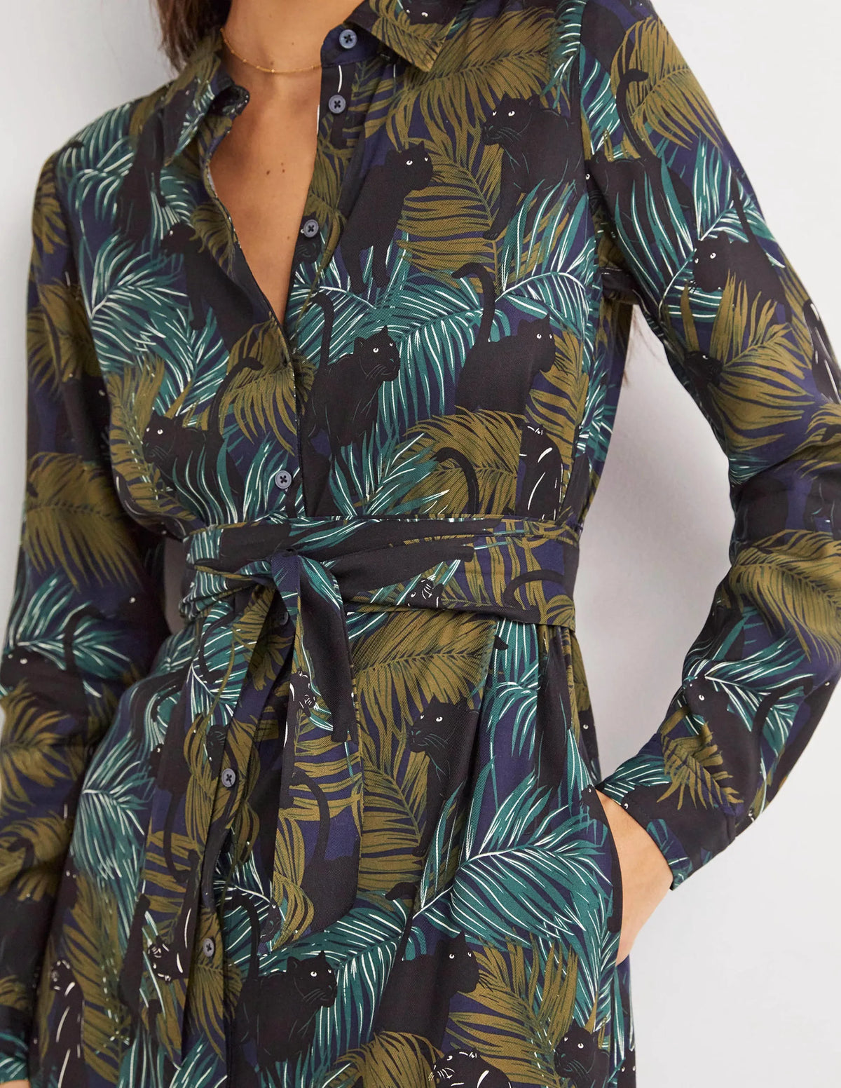 Long Sleeve Midi Shirt Dress-Navy, Tropic Panther