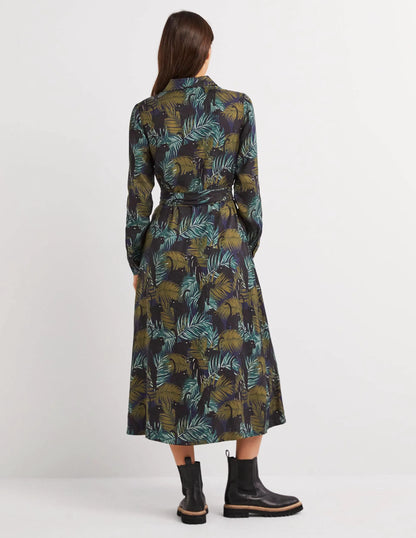Long Sleeve Midi Shirt Dress-Navy, Tropic Panther