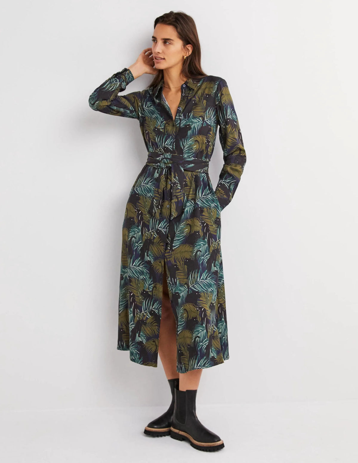 Long Sleeve Midi Shirt Dress-Navy, Tropic Panther