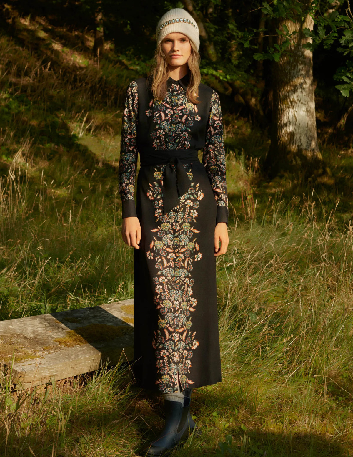 Long Sleeve Midi Shirt Dress-Navy, Tropic Panther