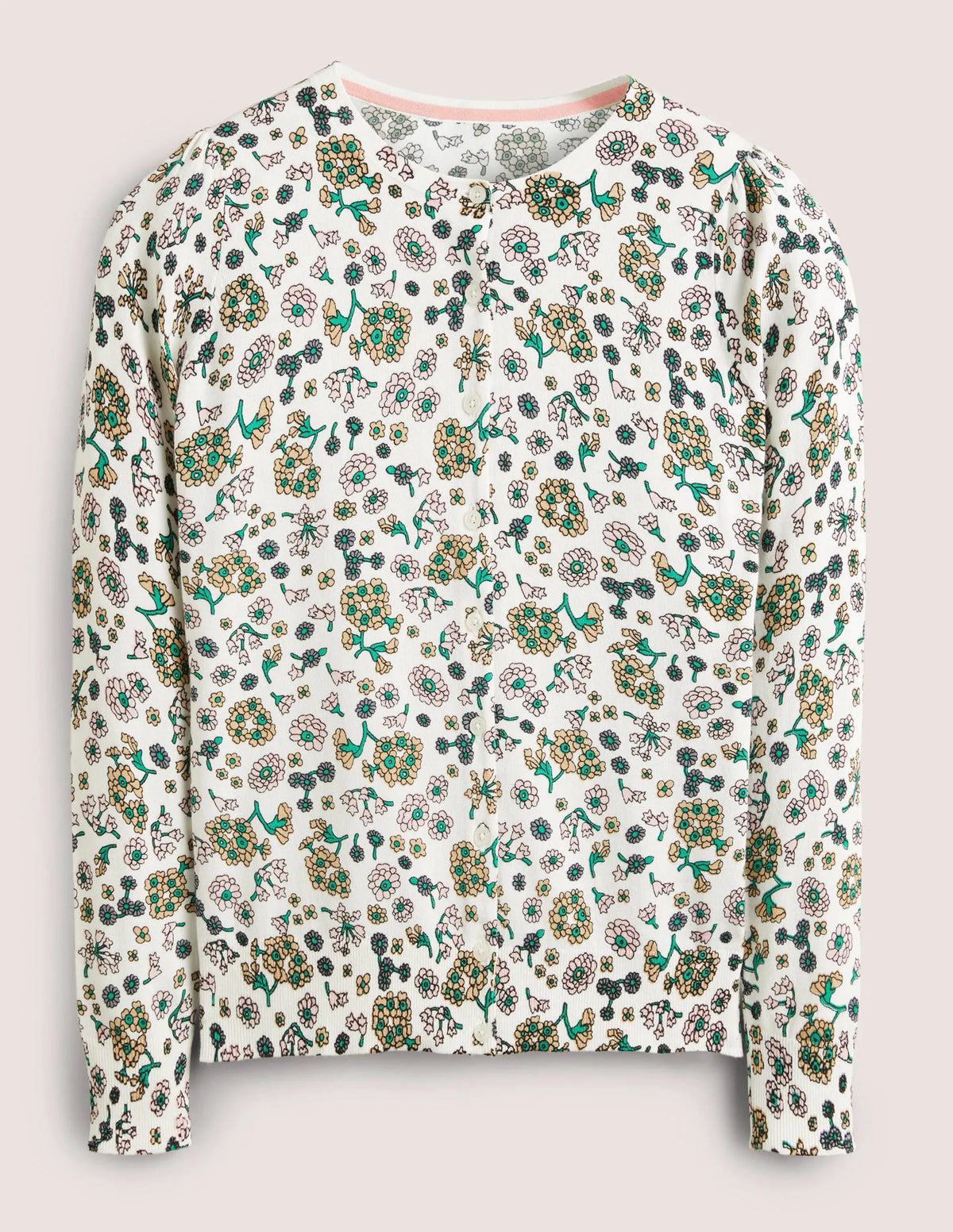 Cotton Crew Neck Cardigan-Ivory, Ditsy Charm