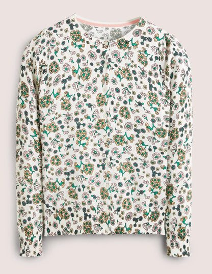 Cotton Crew Neck Cardigan-Ivory, Ditsy Charm
