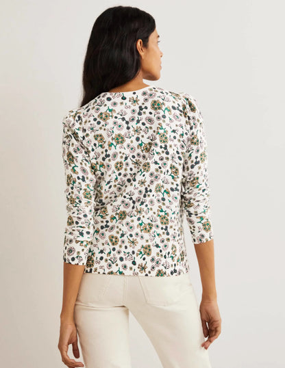 Cotton Crew Neck Cardigan-Ivory, Ditsy Charm