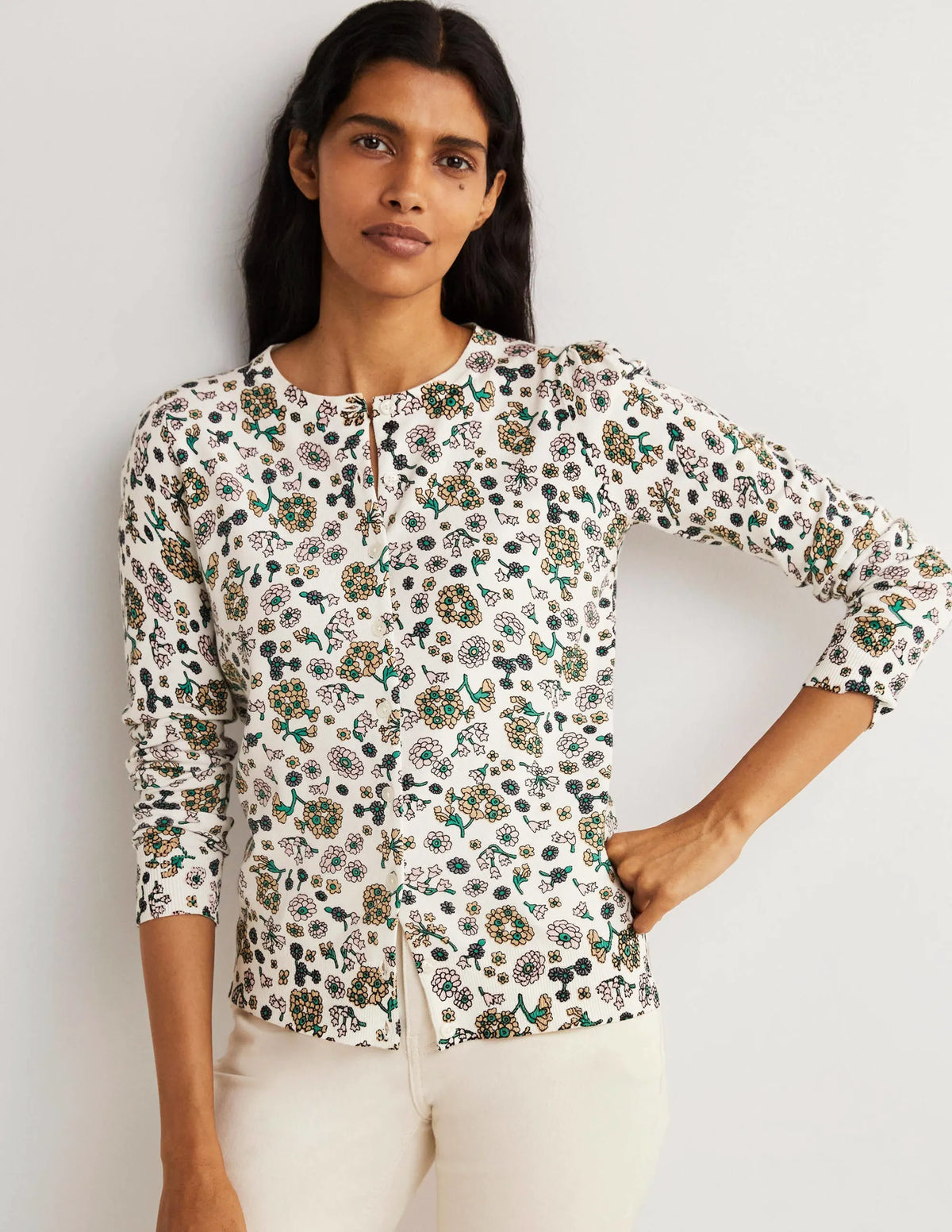 Cotton Crew Neck Cardigan-Ivory, Ditsy Charm