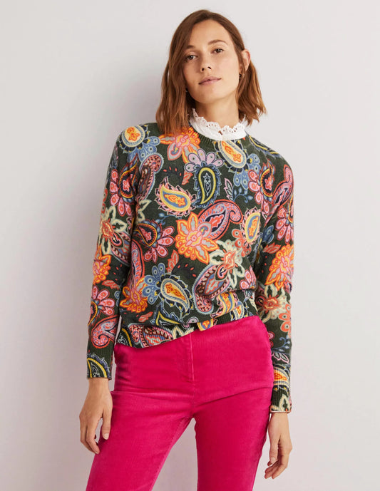 Margot Cashmere Sweater-Trekking Green, Paisley Charm
