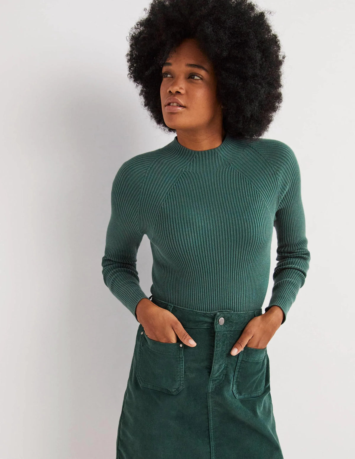 Ribbed High Neck Sweater-Trekking Green