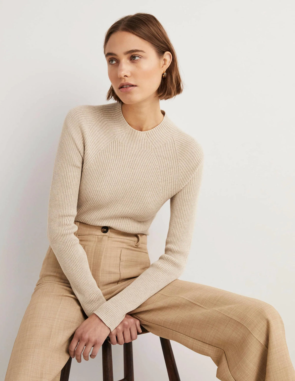 Ribbed High Neck Sweater-Chinchilla Melange
