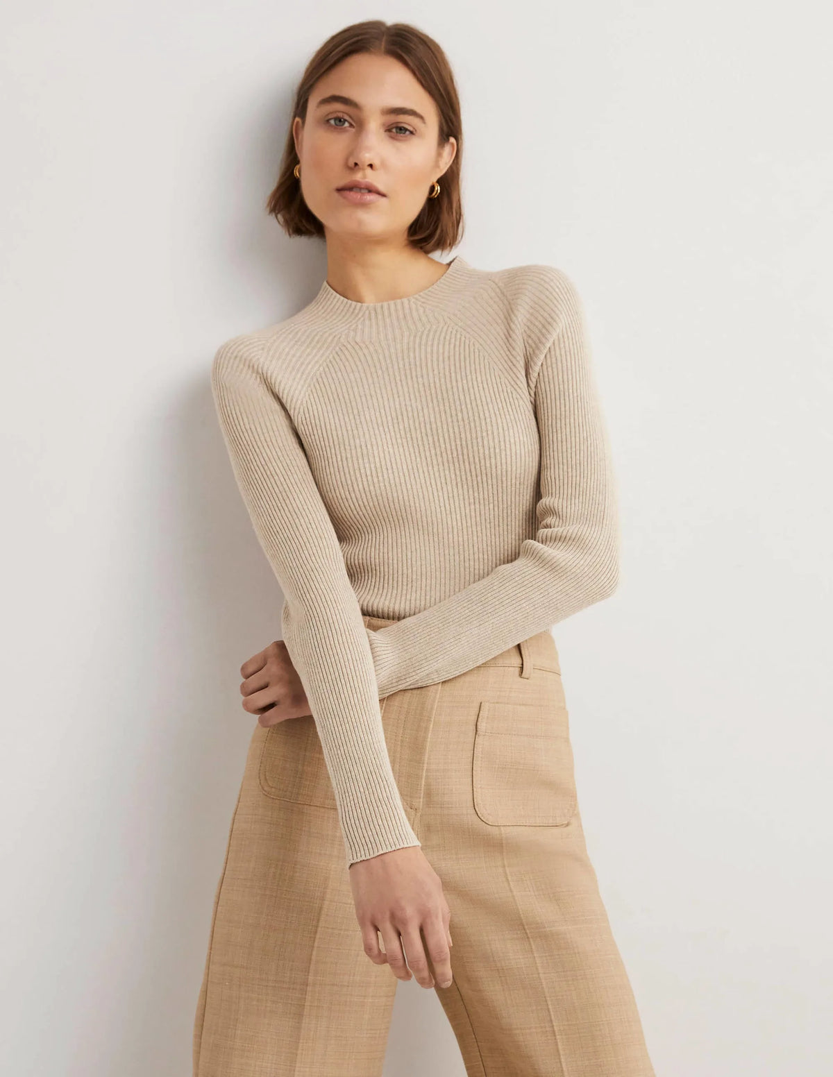 Ribbed High Neck Sweater-Chinchilla Melange
