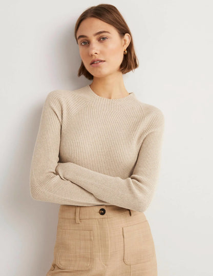 Ribbed High Neck Sweater-Chinchilla Melange