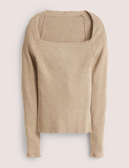 Ribbed Square Neck Knitted Top-Chinchilla Melange