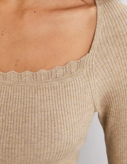 Ribbed Square Neck Knitted Top-Chinchilla Melange