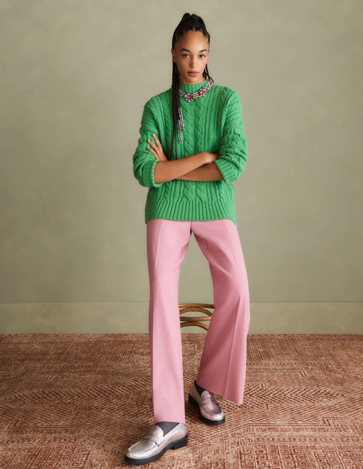 Cable Knit Sweater-Iguana Green