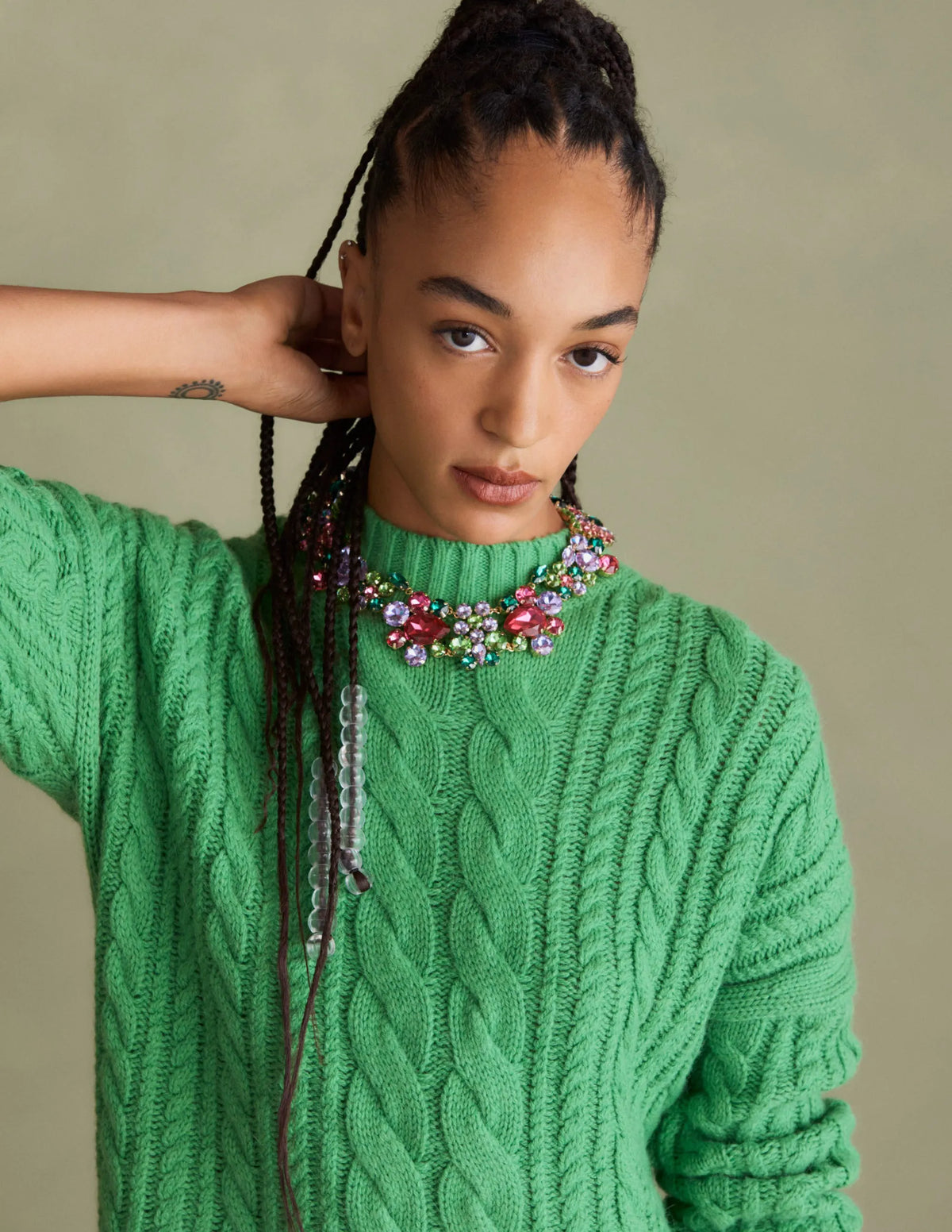 Cable Knit Sweater-Iguana Green