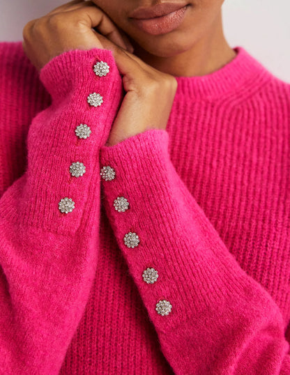 Jewel Button Fluffy Sweater-Wild Watermelon Pink