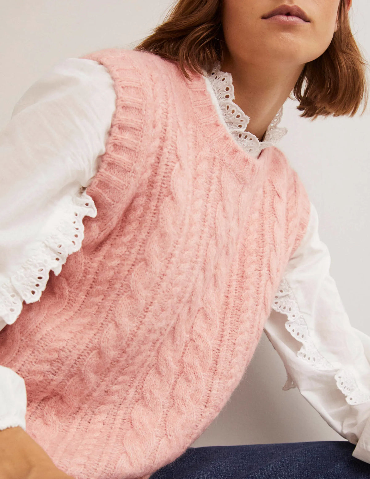 Relaxed Cable Sweater Vest-Pink Frosting