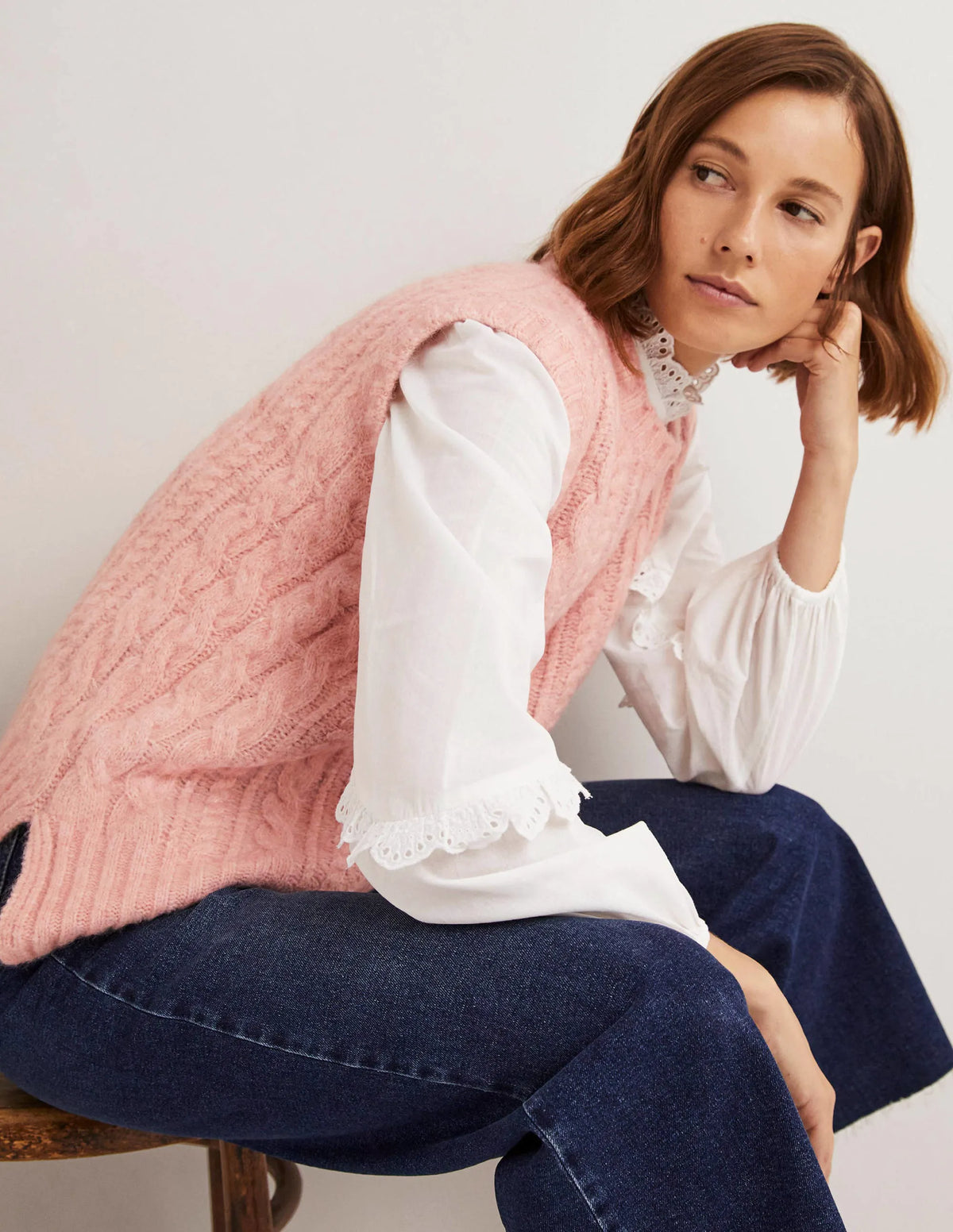 Relaxed Cable Sweater Vest-Pink Frosting