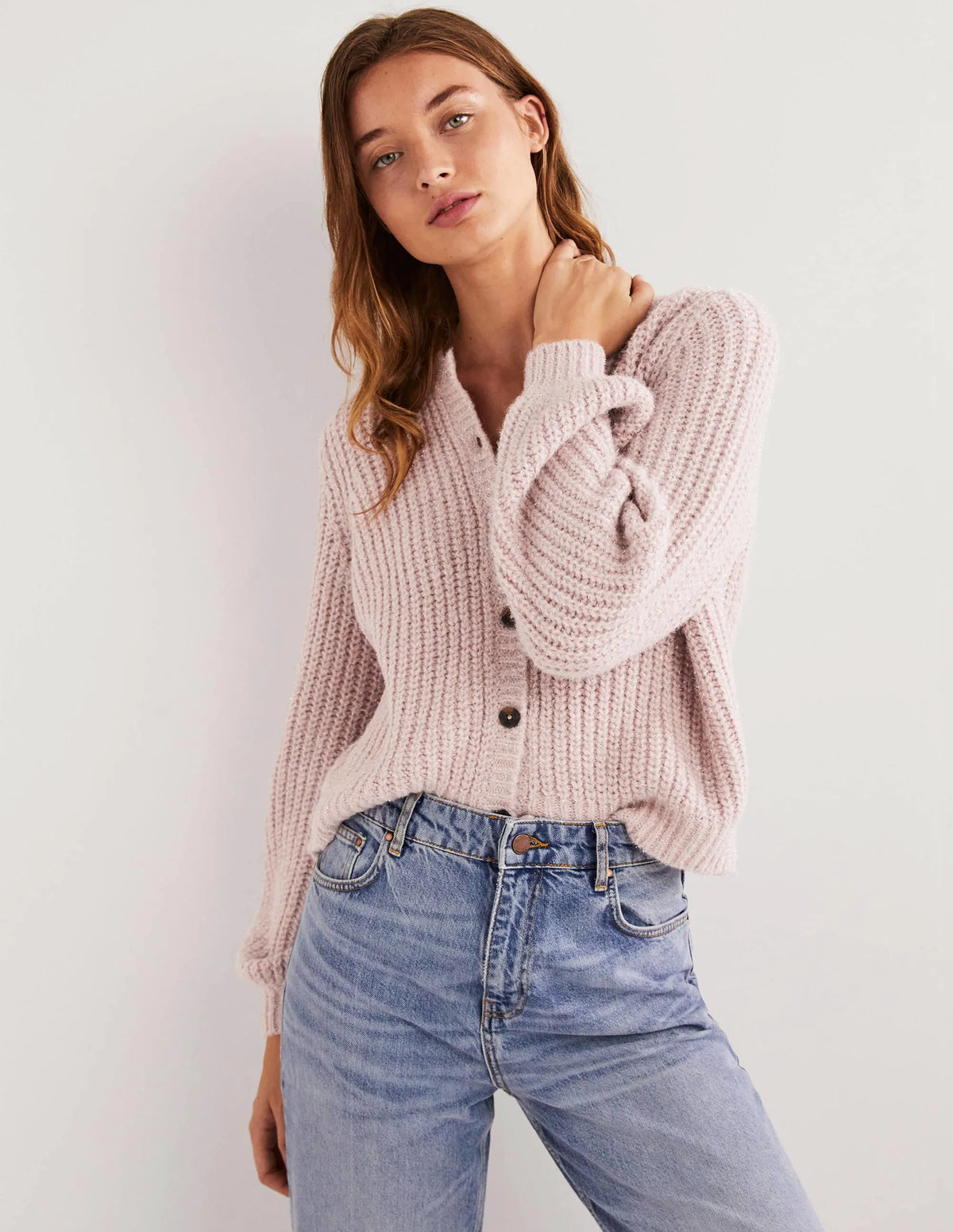 Light Pink Chunky Ribbed Fluffy Cardigan-Cameo Pink Sparkle
