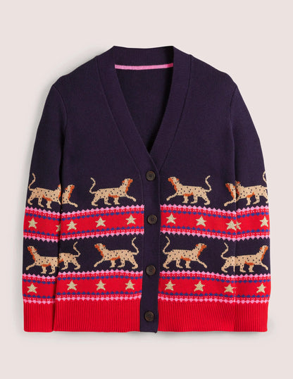 Oversized V-neck Cardigan-Navy Jacquard Leopard